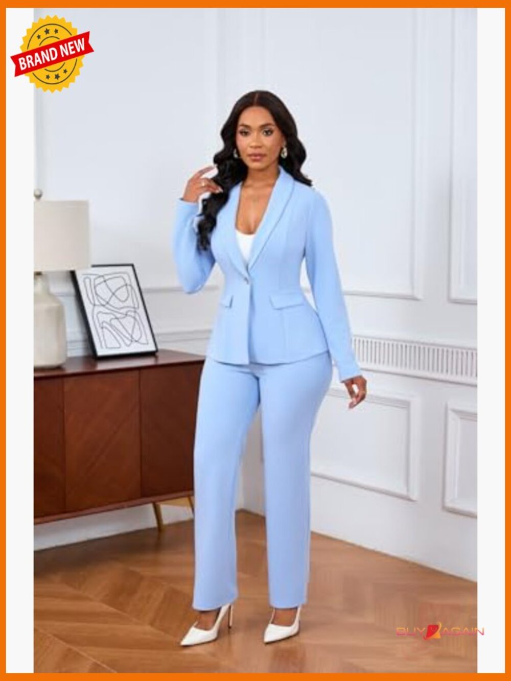 Women's 2-Piece Blazer & Straight Leg Pant Suit Set - Office Professional - Picture 2 of 7
